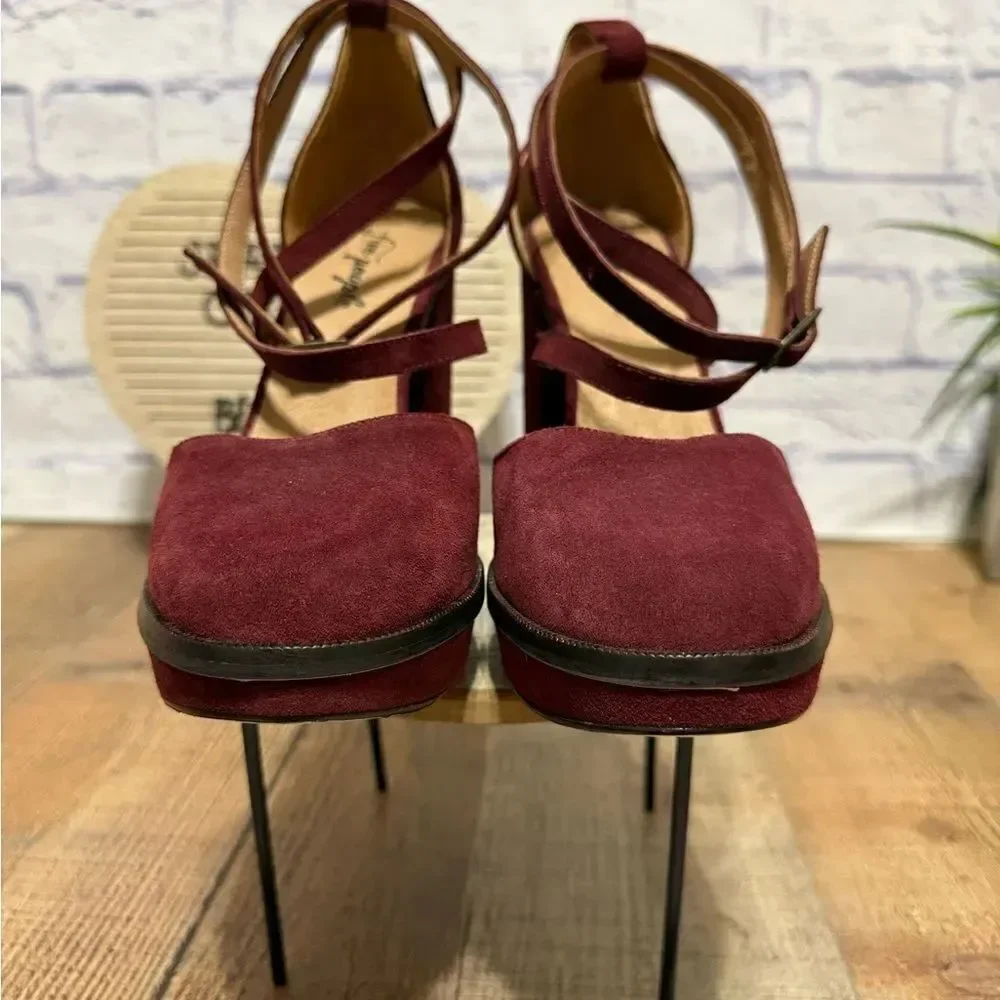 Free People size 41 10 Burgundy Remi Double Strap Suede Platform Shoes